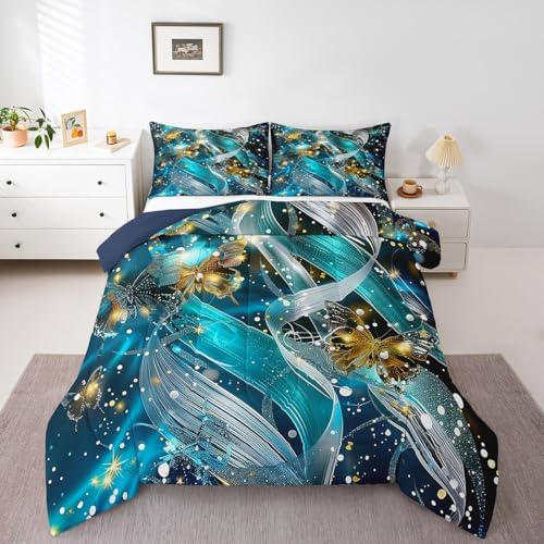 jejeloiu Teal Blue Butterfly Comforter Set Toddler Size Kids Butterfly Stripe Bedding Set for Boys Girls Teens Glitter Duvet Breathable Animal Quilt Bedroom Decor,1 Comforter with 1 Pillowcase