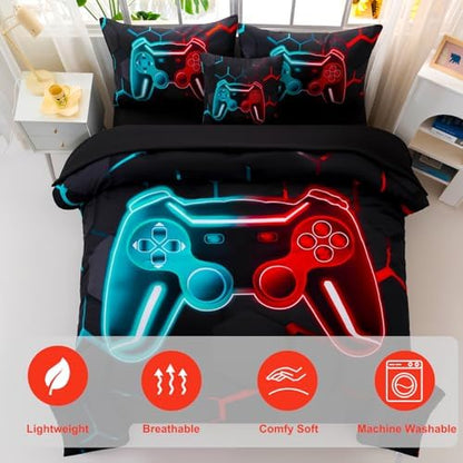 6 Pieces Gamer Bed in A Bag Full Size 3D Game Console Kids Bedding Set for Boys Teal and Blue Gaming Comforter Set with Sheets Gamepad Printed Teen Boy Bed Sets (Teal Red, Full)
