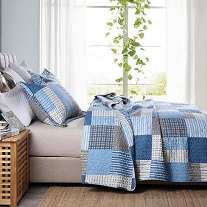 PANGUSHAN King Size Quilt Set,100% Cotton King Quilt Bedding Set Bedspread,Patchwork Plaid Quilt Bedspreads for King Bed,Navy Blue/Blue Reversible Lightweight Comforter Bed Set,All Season,3 Pieces