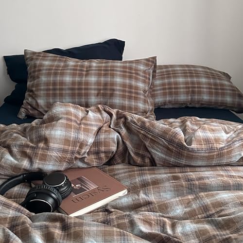 LifeTB Vintage Buffalo Plaid Duvet Cover Set Full, Retro Brown&Blue Plaid Checkered Comforter Cover with 2 Pillowcases, 100% Washed Cotton Grid Duvet Cover Breathable Farmhouse Gingham Bedding Set