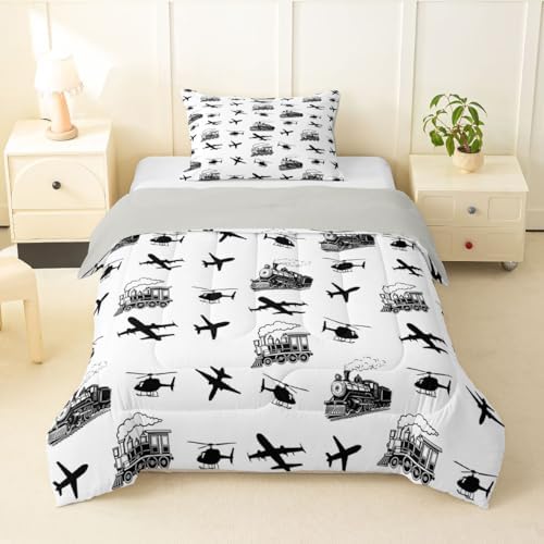 Feelyou Retro Vintage Train Comforter Set Toddler Size Airplane Print Bedding Set for Kids Boys Girls Aircraft Transport Vehicles Duvet Quilt Bedroom Decor Microfiber 2 Pcs with 1 Pillow Case