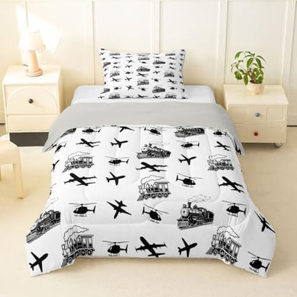 Feelyou Retro Vintage Train Comforter Set Toddler Size Airplane Print Bedding Set for Kids Boys Girls Aircraft Transport Vehicles Duvet Quilt Bedroom Decor Microfiber 2 Pcs with 1 Pillow Case