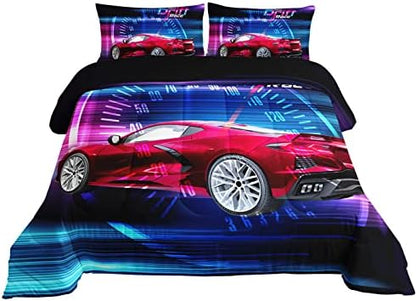 Axolotl Race Car Bedding Set Queen Size,Boys Extreme Sports Comforter for Kids Boys Racing,Red Cool Car Comforter Car Sports Quilt 1 Comforter Set with 2 Pillowcases
