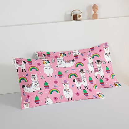 HOSIMA Kids Girls Pink Comforter with 2 Pillowcases,Cute Llama Alpaca Bed in a Bag King Size Comforter Set Animal Bedding Sets for Room Decor,Rainbow Cactus Flower Toddler Comforter.