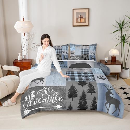 Rustic Patchwork Comforter Set,Blue Grey Checkered Plaid Quilt Set for Kids Teens Adult,Wild Animals Bear Elk Pine Trees Pattern Print Bedding Set Vintage Farmhouse Duvet Insert,King Size
