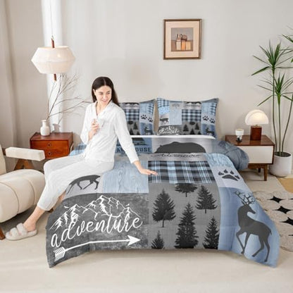 Rustic Patchwork Comforter Set,Blue Grey Checkered Plaid Quilt Set for Kids Teens Adult,Wild Animals Bear Elk Pine Trees Pattern Print Bedding Set Vintage Farmhouse Duvet Insert,King Size