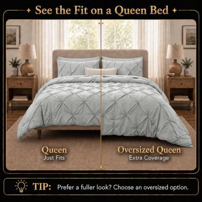 CozyLux Queen Comforter Set Light Grey, 7 Pieces Pintuck Bed in a Bag