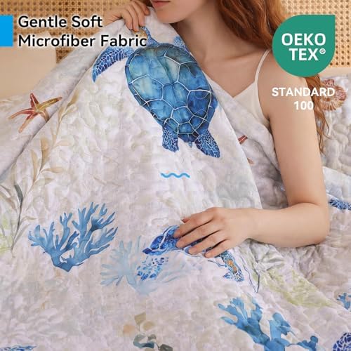 weigelia Coastal Quilt King Size, Sea Turtle Lightweight Summer Bedding