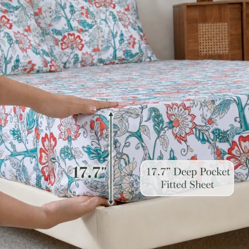 FADFAY Cal King White Teal 100% Egyptian Cotton Sheets Set 4 Piece, Vintage Botanical Garden Floral Sheets, Luxury Soft Breathable Cottagecore Bedding with Deep Pocket Fitted Sheet for All Seasons