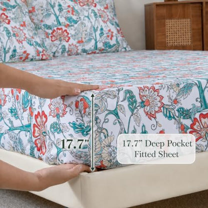 FADFAY Cal King White Teal 100% Egyptian Cotton Sheets Set 4 Piece, Vintage Botanical Garden Floral Sheets, Luxury Soft Breathable Cottagecore Bedding with Deep Pocket Fitted Sheet for All Seasons