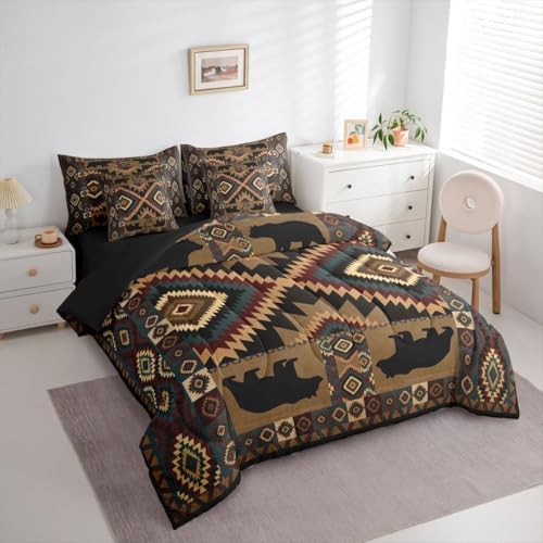Erosebridal Rustic Cabin Bedding Set King Farmhouse Lodge Bear Comforter Set 7 Piece Vintage Southwestern Bed in A Bag Western Hunting Wildlife Quilt with Flat Fitted Sheet Bear Cabin Decor