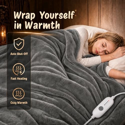 Eydna Electric Heated Blanket Full Size 72"x84",Fast Heating Throw, Soft Plush Microplush for Bed & Couch, 10 Hours Auto Off & 5 Heating Levels, Machine Washable, Gifts for Womens & Family-Light Gray