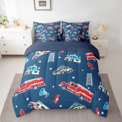 Feelyou Fire Truck Comforter Set with Sheets Police Car 7 Pieces Bed in A Bag King Size Ambulance Cartoon Car Bedding Set for Kids Boys Girls Teens Bedroom Decor