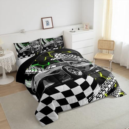 Race Cars Toddler Bedding Sets for Boys,Yellow Green Neon Lights Honeycomb Bedding Set Cool Sports Car Beehive Geometric Hexagon Comforter Set,Black White Lattice Quilt Buffalo Plaid Decor