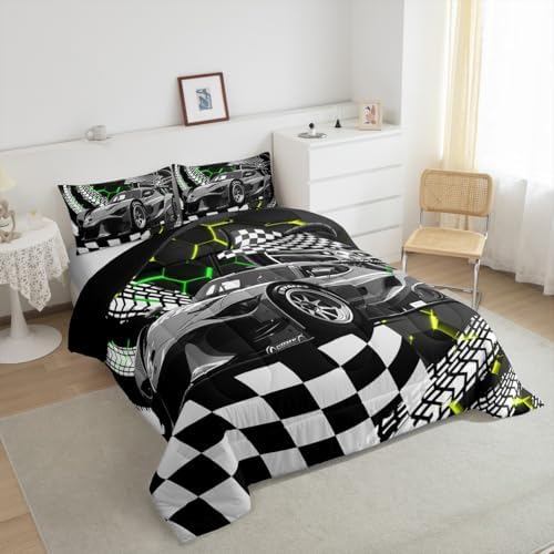 Toddler Race Car Bed for Boys,Yellow Green Neon Lights Honeycomb Twin Bedding Set Cool Sports Car Glitter Beehive Geometric Hexagon Comforter Set,Black White Grid Lattice Quilt Buffalo Plaid Decor