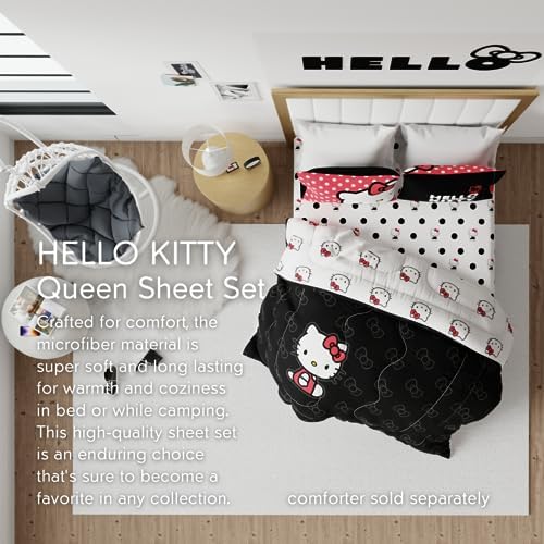 Franco Hello Kitty Polka Dot Bedding Super Soft Microfiber 4 Piece Queen Sheet Set, (Officially Licensed Product)
