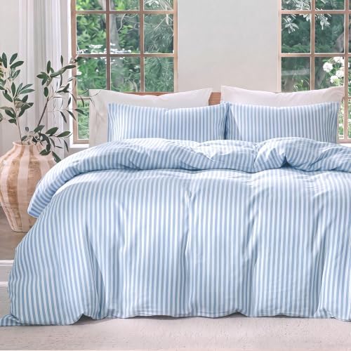 Bedbay Blue Striped Queen Duvet Cover Set, 100% Cotton 300TC Sateen, Light Blue Fine Stripe Bedding, Soft Smooth Breathable Coastal Sateen Set, 3 Pieces