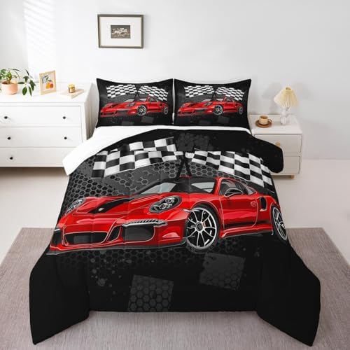 Manfei Racing Car Comforter Set King Size, Red Sports Car Quilt Set with 2 Pillowcases, Black White Plaid Grid Flag Print Bedding Set 3pcs for Kids Boys Teens Bedroom Decor