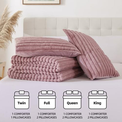Smoofy Fluffy King Size Comforter 3 PCS - Old Pink Fleece Bedding Set