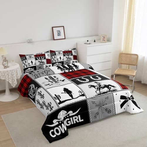 Western Cowgirl Kid Comforter Set King Size,Cactus Horseshoe Cow Skull Geometric Patchwork Bedding Set,Girls Women Room Decor,Bowknot Arrow Boho Down Comforter,Red Xmas Duvet Insert,2 Pillowcases