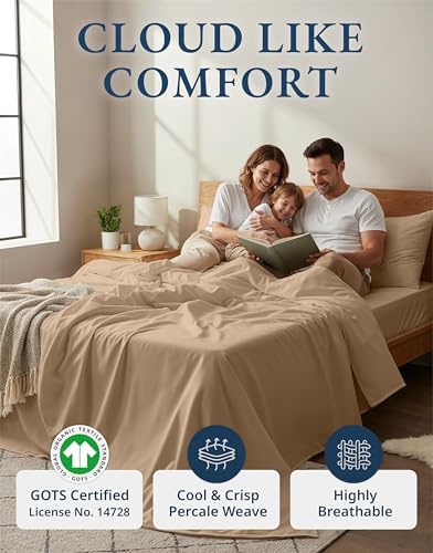 LANE LINEN Cal King Sheet Set 100% Organic Cotton Soft 4pc Percale - Taupe