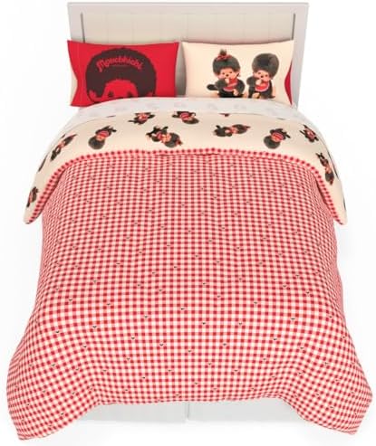 Franco Monchhichi Bedding 7 Piece Queen Bed Set, Soft Cozy Nostalgia Reversible Comforter and Sheet Set with Sham, Officially Licensed Product