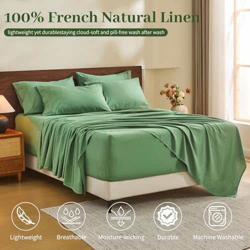 MEISHANG 100% French Linen Sheets Queen,6 Pcs,18-24" Extra Deep Pocket