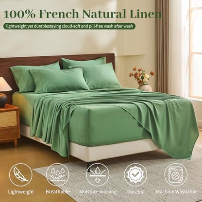MEISHANG 100% French Linen Sheets Queen,6 Pcs,18-24" Extra Deep Pocket
