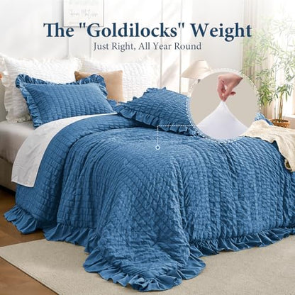 JOLLYVOGUE Teal Twin Size Comforter Set, 2 Pieces Seersucker Lightweight Fluffy Bedding Set, Twin Ruffle Comforter, All Season Soft Microfiber Shabby Chic Bed Set