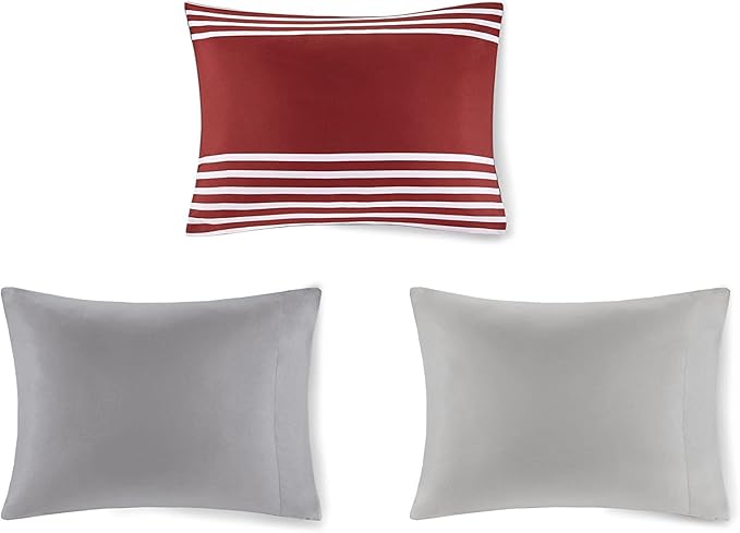 Comfort Spaces Twin XL Comforter Sets with Sheets - Bed in a Bag 6 Pieces Teen Bedding Sets, Red and Grey Stripes Bedding Twin XL, College Twin XL Bed Set with 2 Side Pockets Bedroom Organizer