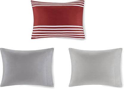 Comfort Spaces Twin XL Comforter Sets with Sheets - Bed in a Bag 6 Pieces Teen Bedding Sets, Red and Grey Stripes Bedding Twin XL, College Twin XL Bed Set with 2 Side Pockets Bedroom Organizer