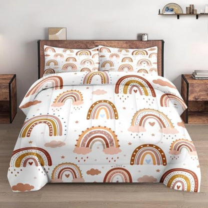 Pamnest Comforter Set Queen Size, Boho Rainbow Pink Soft 3 Pcs Bedding for Kids and Adults, Love Colorful Nursery Comforter Set with 2 Pillowcases, for Bedroom Bed Decor