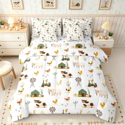 Erosebridal Farm Animal Full Comforter Set 7 Piece for Kids Boys Girls Chickens Sheep Cow Bed in A Bag with Sheets Rustic Farmhouse Windmill Bedding Set Cartoon Tractor Barn Bed Set