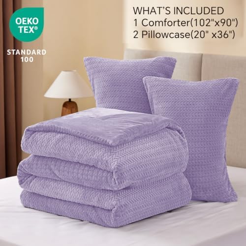 ChiXpace Fleece King Size Comforter Set Lavender, Fluffy Bed Set 3 Pieces