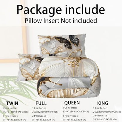 Luxury 3D Butterfly Comforter Set Full Size for Teen Boys Girls,Black and Goldern Butterfly Bedding Set,White Floral Print Quilt Set for Adults Women Bedroom Decor