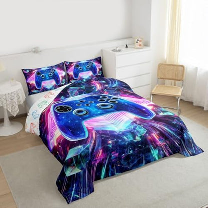 Erosebridal Galaxy Gaming Comforter Set 3D Cube Gamer King Bedding Set | Diamond Neon Lights Comforter Modern Game Consoles Duvet Insert