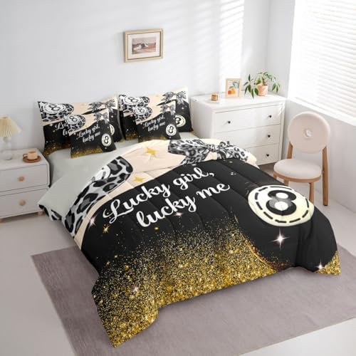Erosebridal Y2K Lucky 8 Ball 7 Piece Bedding Set Trendy Cheetah Print Bow Comforter Set Queen Size for Kids Teen Adults,Grey Leopard Glitter Print Bed in A Bag Preppy Fashion Aesthetic Bed Set