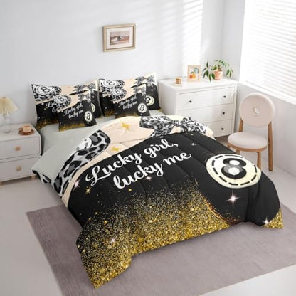 Erosebridal Y2K Lucky 8 Ball 7 Piece Bedding Set Trendy Cheetah Print Bow Comforter Set Queen Size for Kids Teen Adults,Grey Leopard Glitter Print Bed in A Bag Preppy Fashion Aesthetic Bed Set