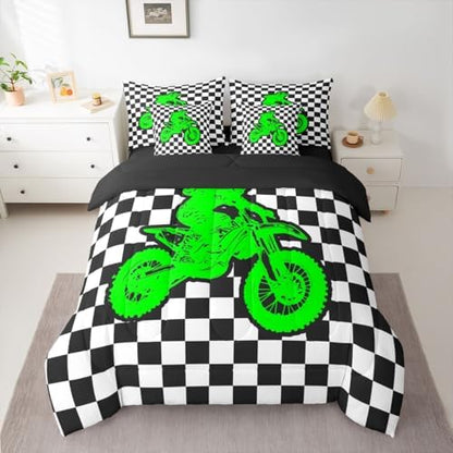 Feelyou Neon Green Motocross Comforter Set Full 7 Pieces Checkered Flag Bedding Set for Boys Girls Sporty Rider Bed in a Bag Off-Road Racing Room Decor Dirt Bike Quilted Breathable Soft Lightweight
