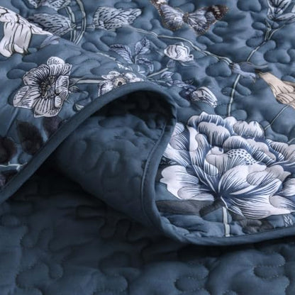 Litanika Floral Navy Quilt Queen - 3Pcs Botanical Birds Bedding Set