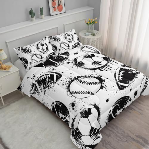 Axolotl Ball Sports Comforter Set King,Football Soccer Bedding for Boys,Football Baseball Game Comforter,Baseball Sport Bedding,Hip Hop Graffiti Artwork Bed Set for Kids Men,1 Quilt 2 Pillowcases