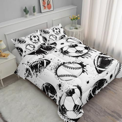 Axolotl Ball Sports Comforter Set King,Football Soccer Bedding for Boys,Football Baseball Game Comforter,Baseball Sport Bedding,Hip Hop Graffiti Artwork Bed Set for Kids Men,1 Quilt 2 Pillowcases