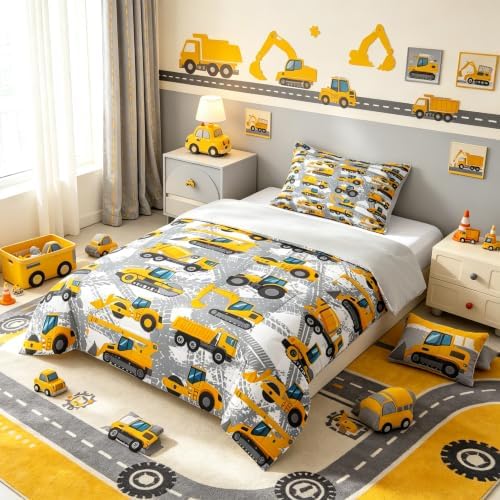 Kids Truck Comforter Set Twin Bedding Sets for Boys Toddler Children Cartoon Cars Construction Tractor Comforter Set Construction Machinery Vehicles Duvet Set Cars Bed Set with 1 Pillow Case
