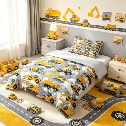 Kids Truck Comforter Set Twin Bedding Sets for Boys Toddler Children Cartoon Cars Construction Tractor Comforter Set Construction Machinery Vehicles Duvet Set Cars Bed Set with 1 Pillow Case
