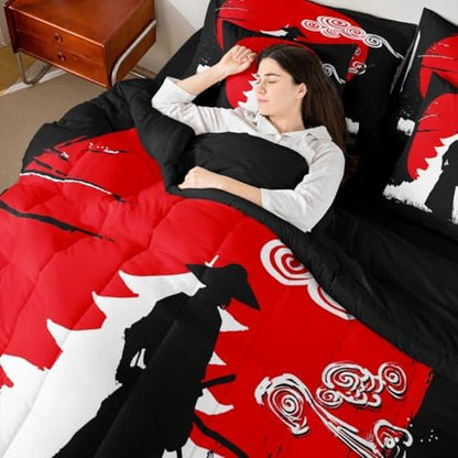 Erosebridal Samurai Comforter Set Sunset Print Bed in A Bag King Size 7 Pieces Japanese Ukiyoe Bed Set Room Decor Building Silhouette Bedding with Sheets