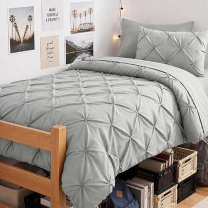 CozyLux Twin XL Comforter Set Light Grey, 5 Pieces Pintuck Bed in a Bag
