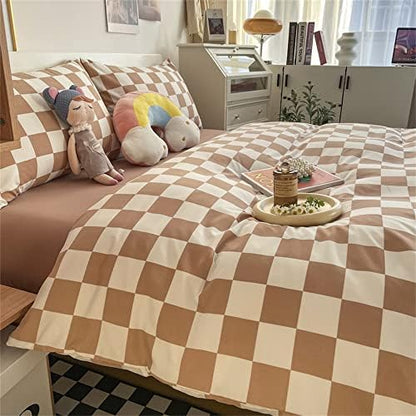 Wellboo Light Brown Plaid Comforter Sets Twin Women Men Cream Coffee and White Checkerboard Grid Bedding Comforters Cotton Boys Girls Modern Light Taupe Checkered Geometric Quilts Luxury Abstract Bed