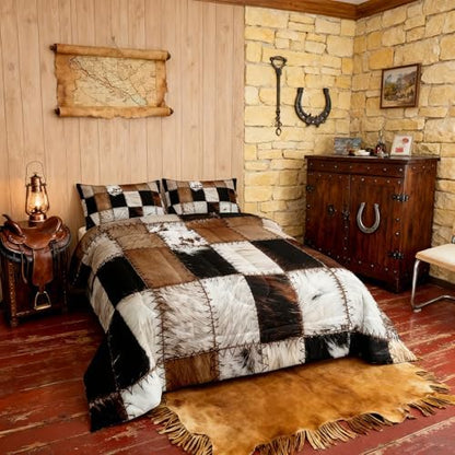 3D Cow Fur Print Comforter Set Cowhide Patchwork Plaid Bedding Set Western Farmhouse Animals Quilt Set 3pcs for Teens Girls Boys Men Room Decor Vintage Cowboy Style Duvet Insert King Size