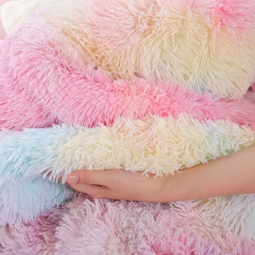 Smoofy Fluffy Twin Comforter Set, Rainbow Faux Fur Comforter Set 2 Pieces