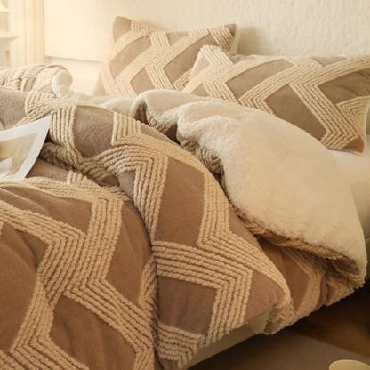 tohrisa Tufted Boho Comforter Set Twin - Beige Fluffy Sherpa Bedding Set, Soft Fuzzy Jacquard Quilt Set, 2 Pieces Cozy Bed Set Warm Comforter for Winter(68"X90")